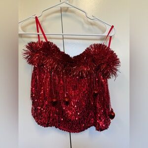 New red sequined sexy holiday cropped top with ornaments.  Ugly Christmas party